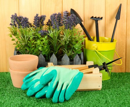This image depicts a neatly arranged gardening tools and supplies set on a vibrant green artificial turf surface. In the foreground, there are a pair of bright turquoise gardening gloves resting on a small wooden crate, alongside three unglazed terracotta pots of varying sizes. Behind these, a row of potted lavender plants with tall, purple flower spikes and green foliage is positioned against a light wooden fence, suggesting a cultivated garden space typical of outdoor landscaping in Blackwall. To the right, a bright yellow plastic bucket holds several hand tools, including a garden trowel and pruning shears, suitable for general garden maintenance tasks. The scene is well-lit by natural daylight, indicating a clear weather day, and the arrangement exemplifies a prepared setup for garden care and planting activities, aligning with professional gardening services offered by Garden Maintenance Blackwall in the local area.